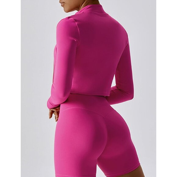 Feoya Womens Pink Slim Fit Long Sleeve Full Zip Workout Crop Jacket For Sports - Picture 2 of 6